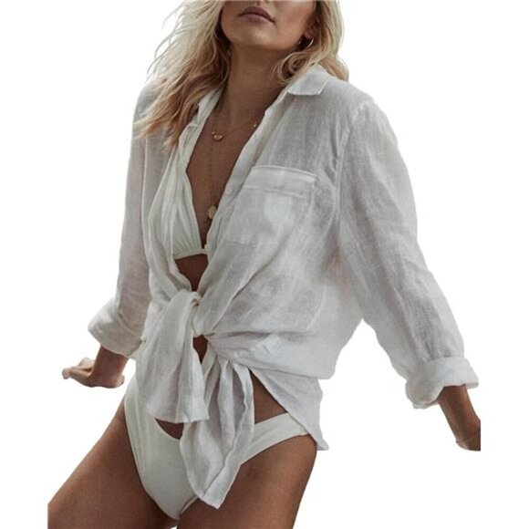 Women's Long Sleeve Bikini Cover Up V-Neck Button Down Beach Blouse